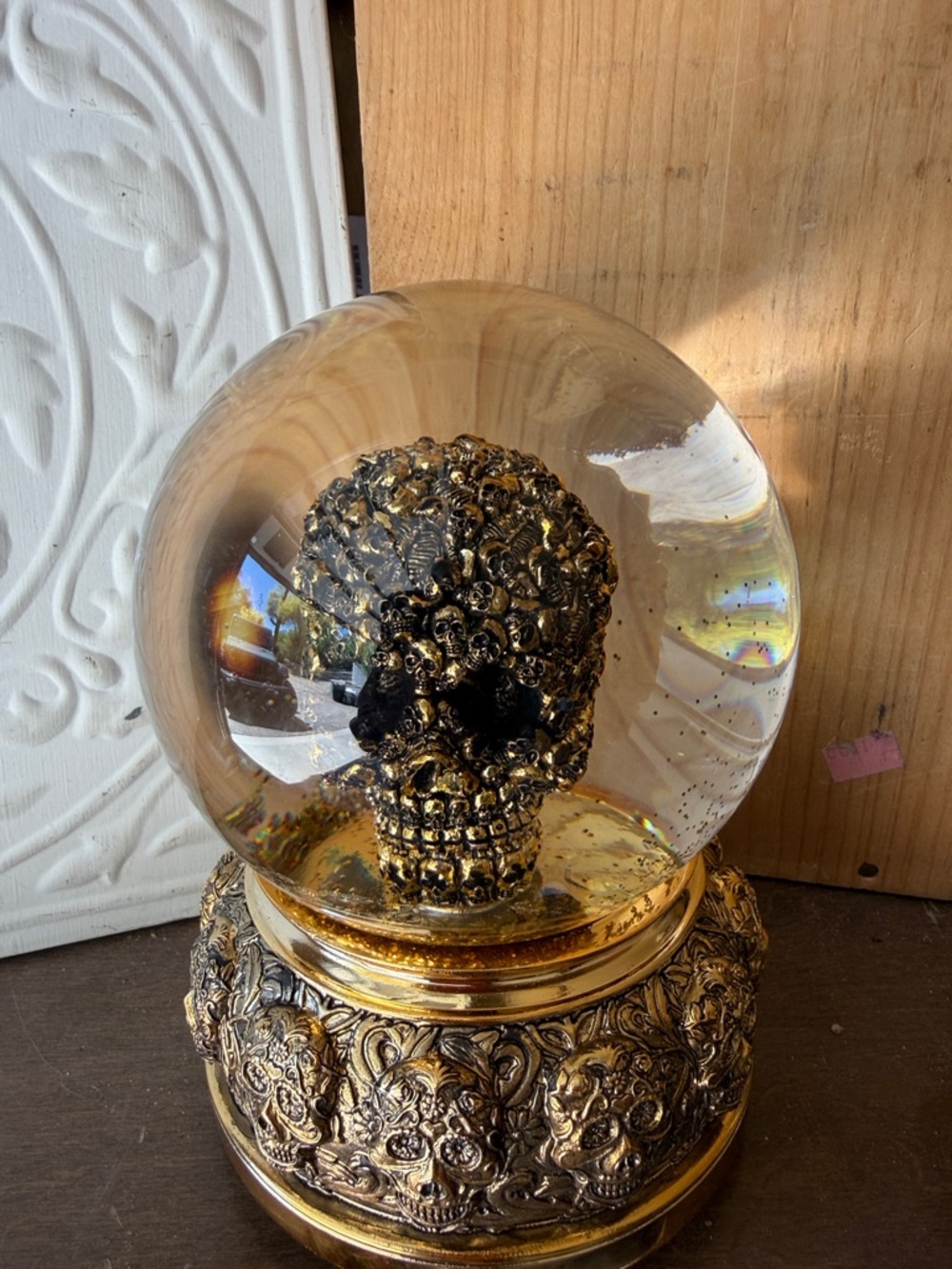 Gold Skull Snow Globe - Ornate Gothic Decor